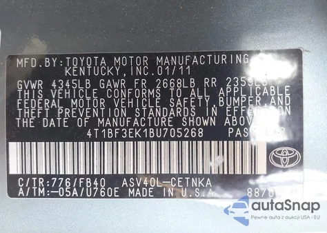 2011 Toyota Camry Se/Le/Xle из США, поврежденный, VIN 4T1BF3EK1BU705268